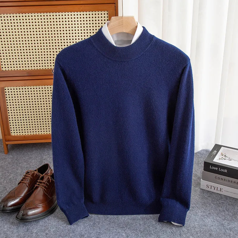 Men's loose fit half turtleneck wool sweater in rough yarn, shown in a range of colours.