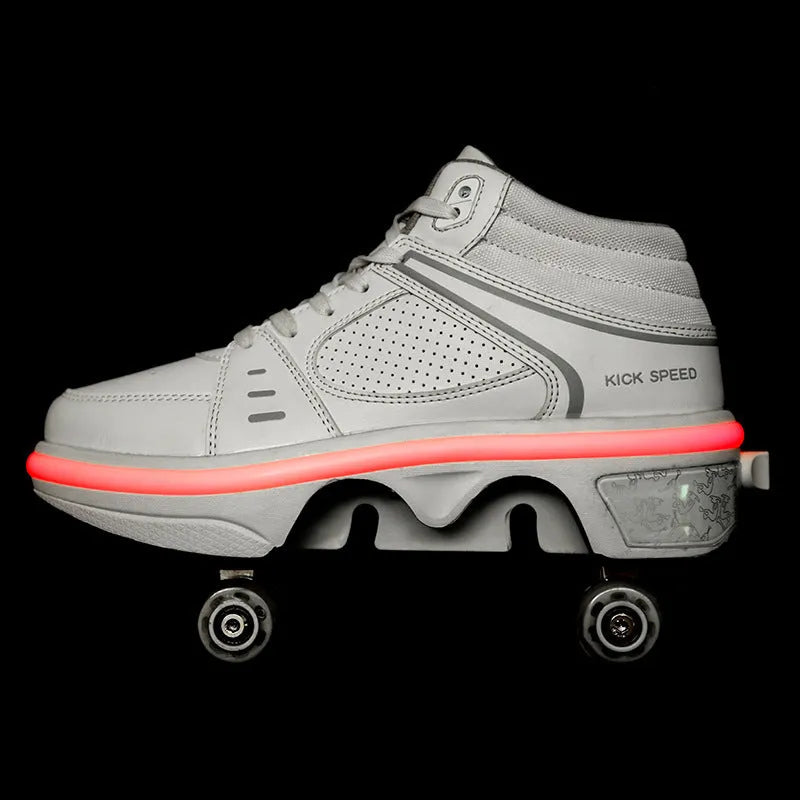 Double row roller skates with ABS wheels, shown in black or white, sizes EUR33 to EUR42