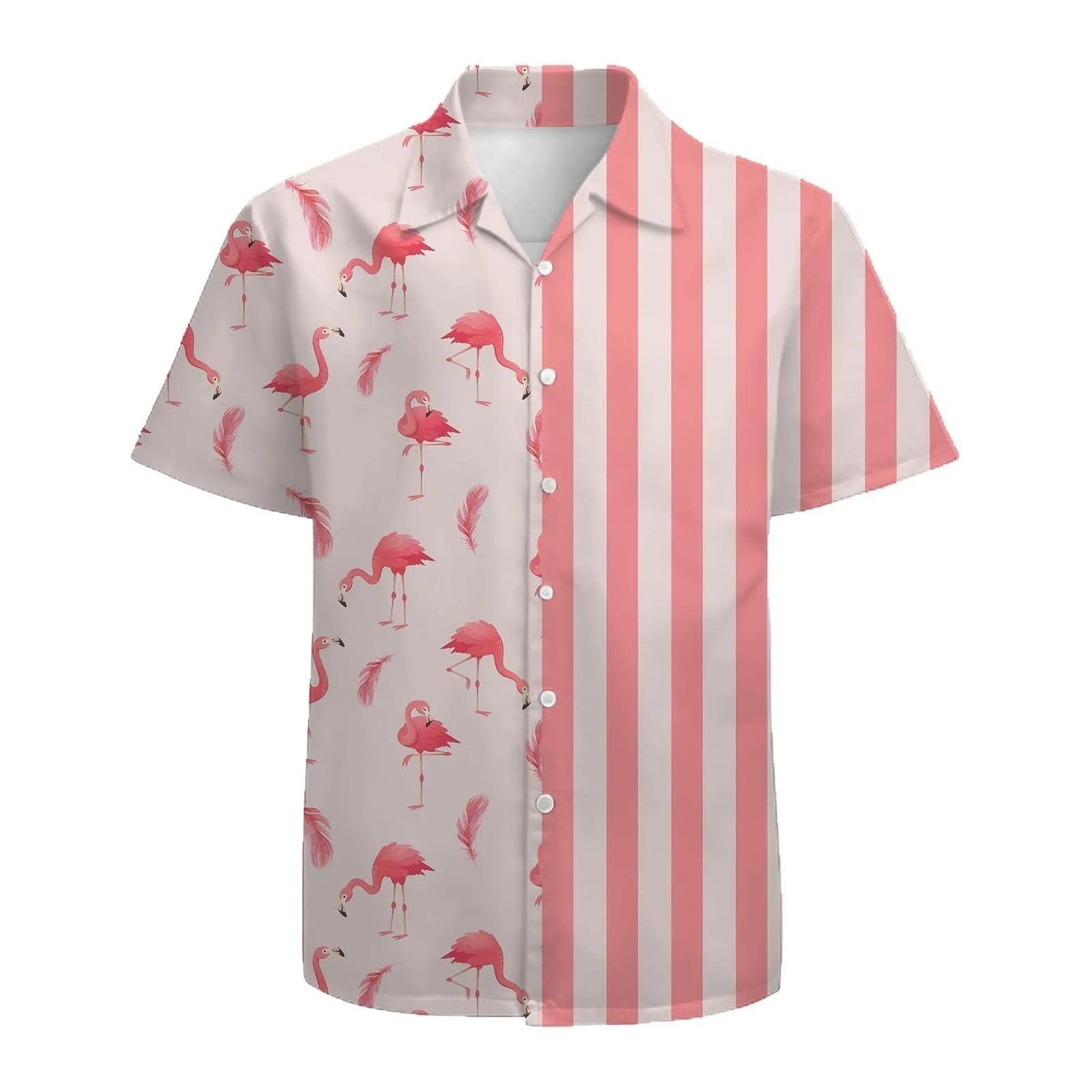 Men's striped short sleeve shirt with stand collar in loose fit for summer casual wear