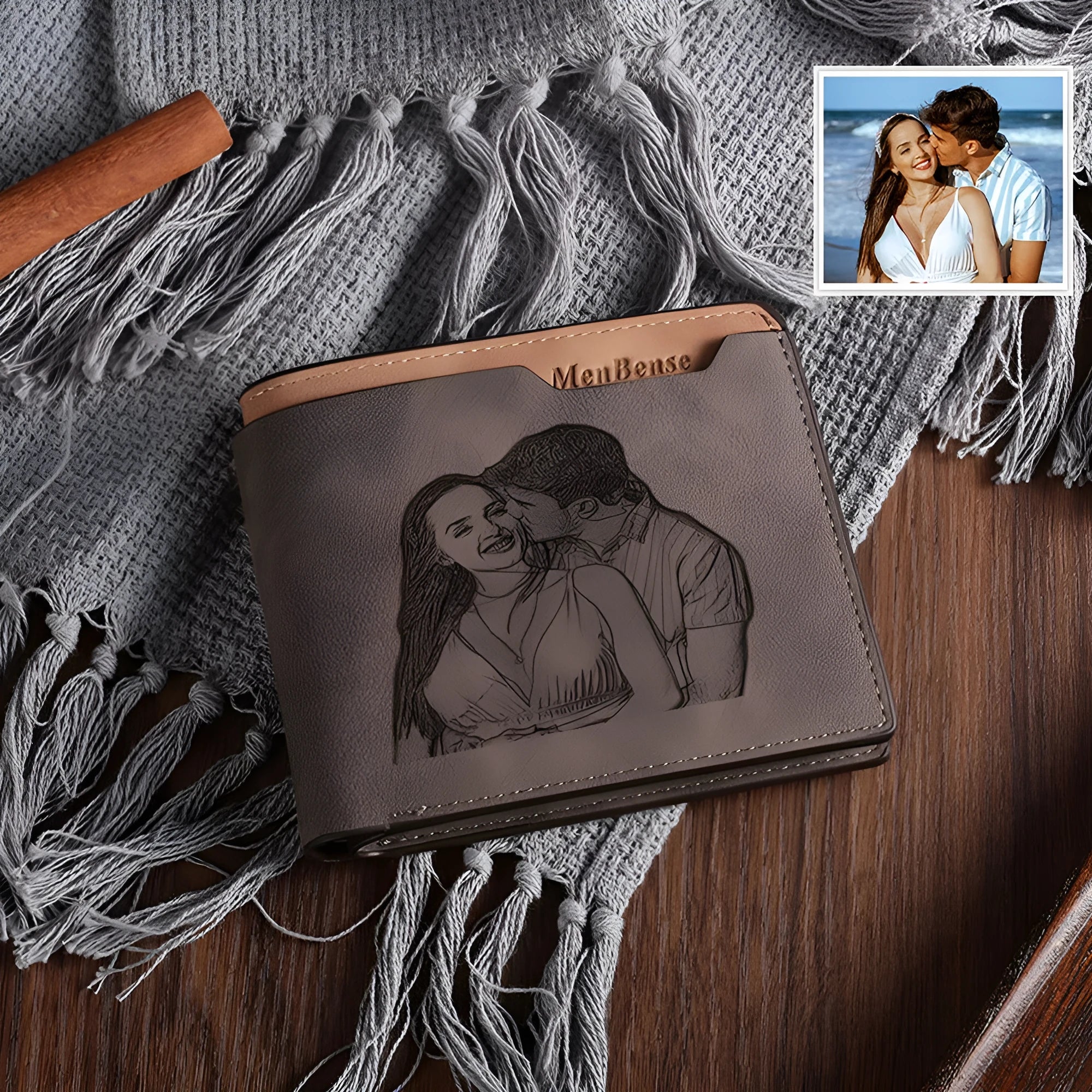 Coffee brown PU leather horizontal wallet with custom photo engraving and lettering, shown next to a card for scale.