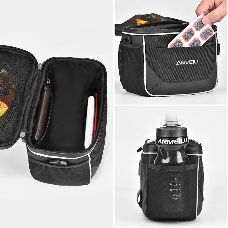 Black 7 inch polyester bicycle handlebar bag mounted on bike