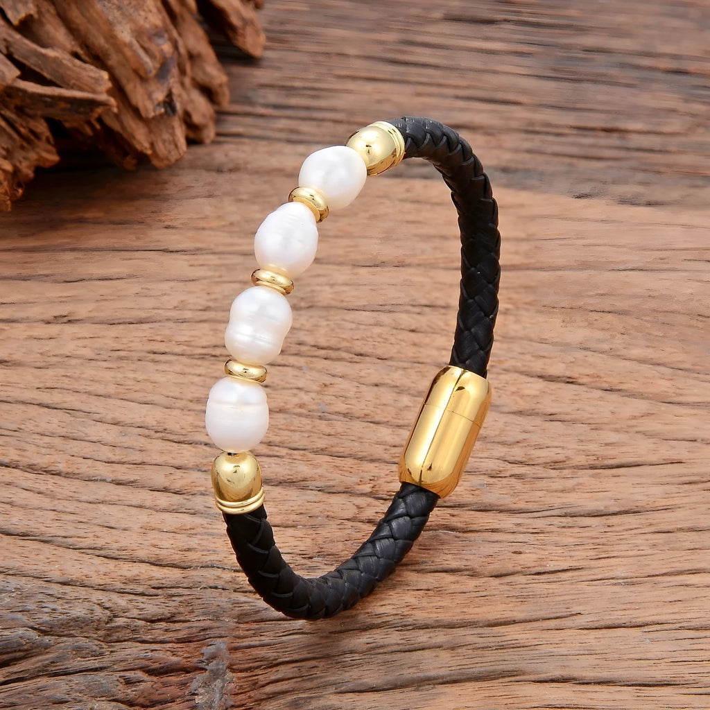 Handmade unisex bracelet with irregular freshwater pearls on brown leather cord