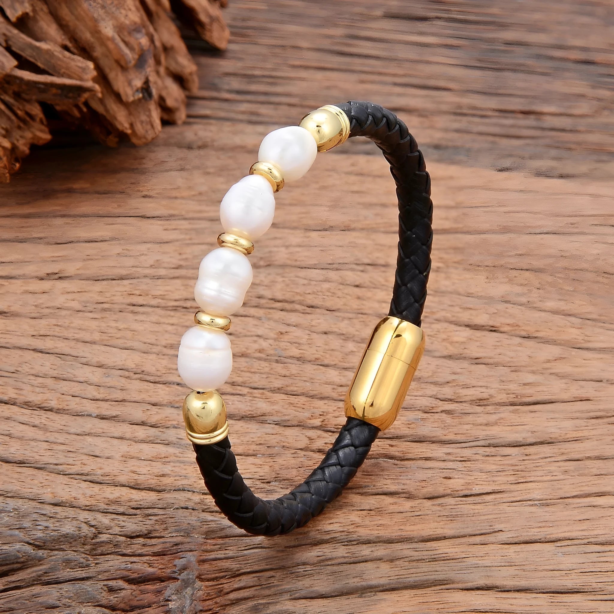 Handmade unisex bracelet with irregular freshwater pearls on brown leather cord