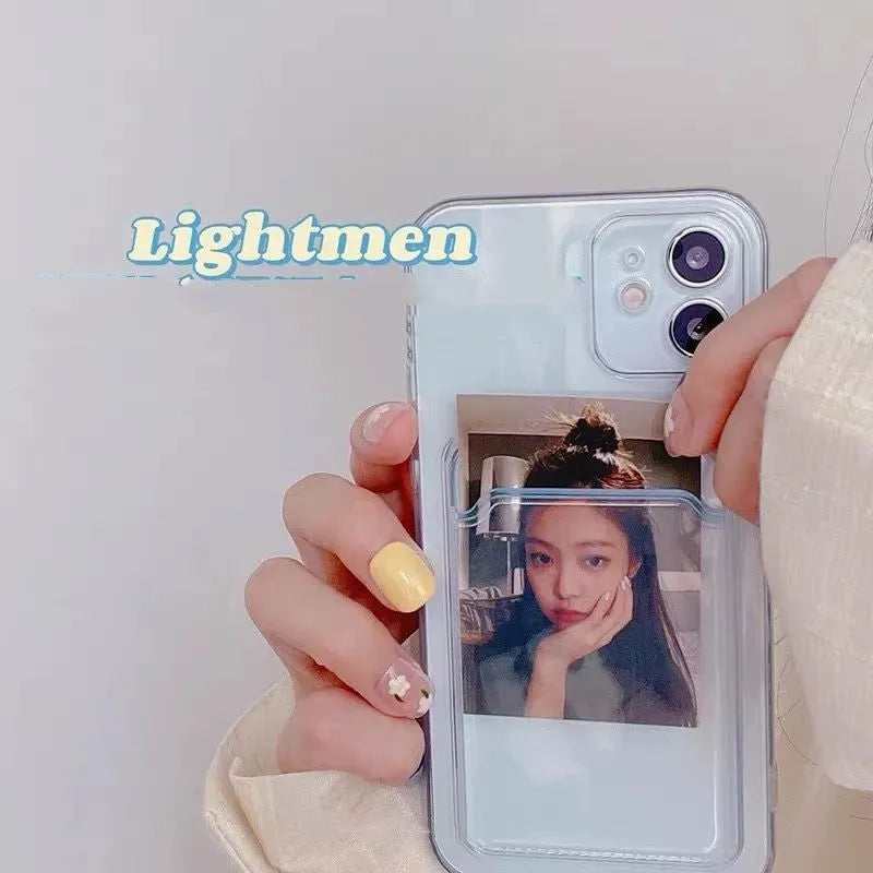 Clear transparent phone case for Apple iPhone with a built-in card wallet pocket on the back.