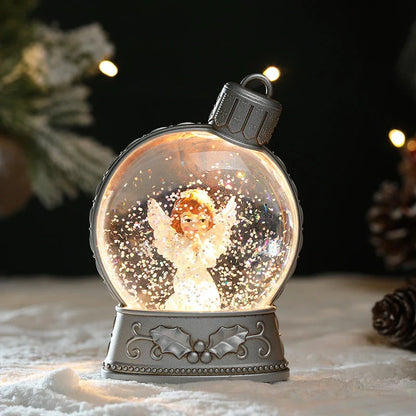 Illuminating LED Christmas decoration with flame-like effect, featuring various holiday figures like Santa, snowman, and angel.