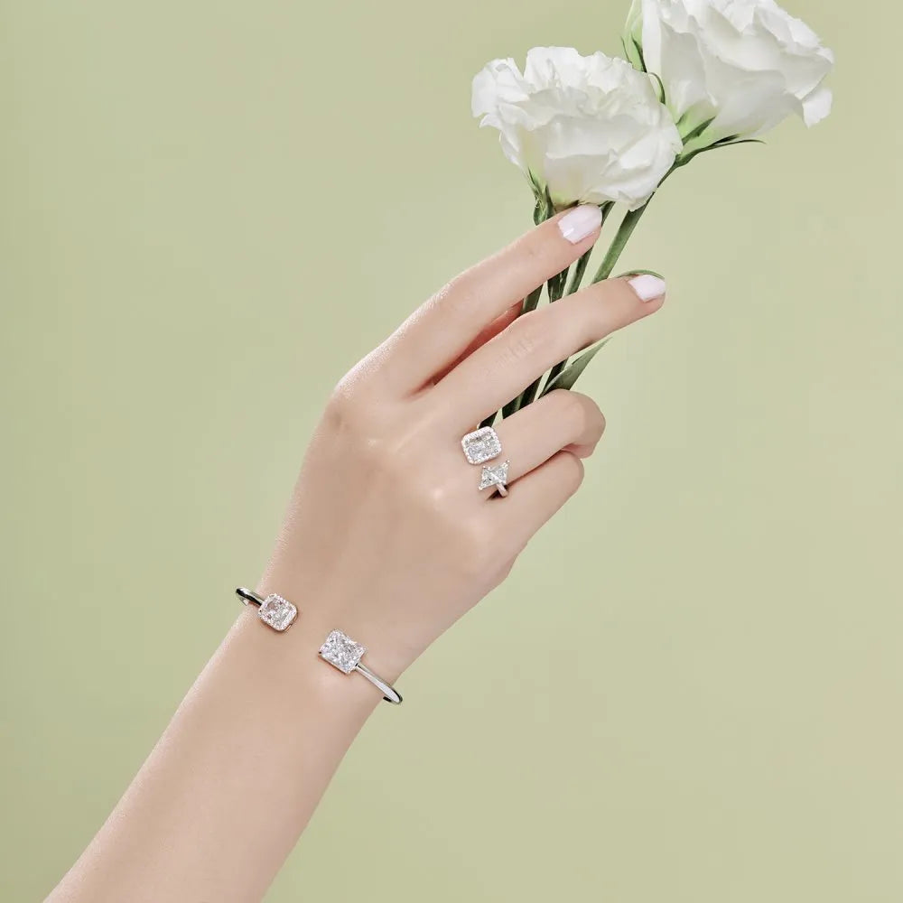 925 sterling silver opening bracelet with quadrilateral geometric detail, 16cm and 18cm sizes