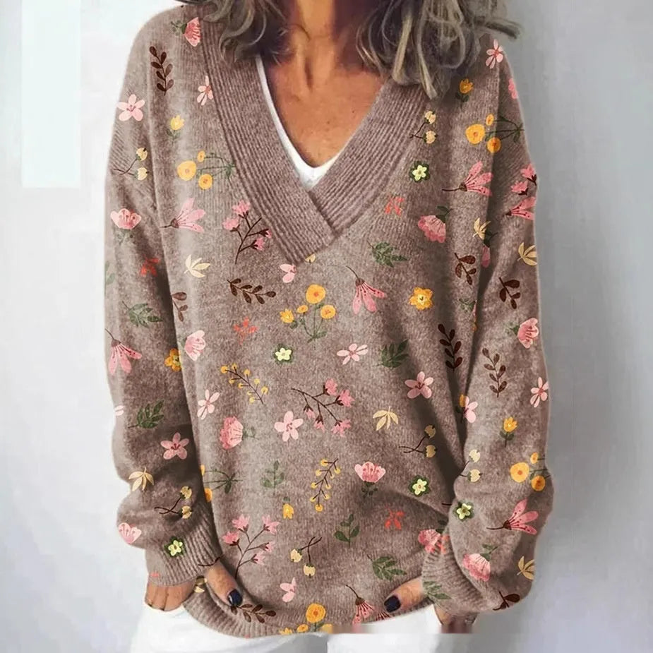 Women's V-neck sweatshirt with a printed 3D floral pattern in an art retro style.