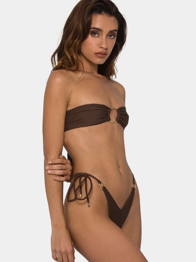 Brown women's tube-top bikini with an adjustable ring-tether halter neck.