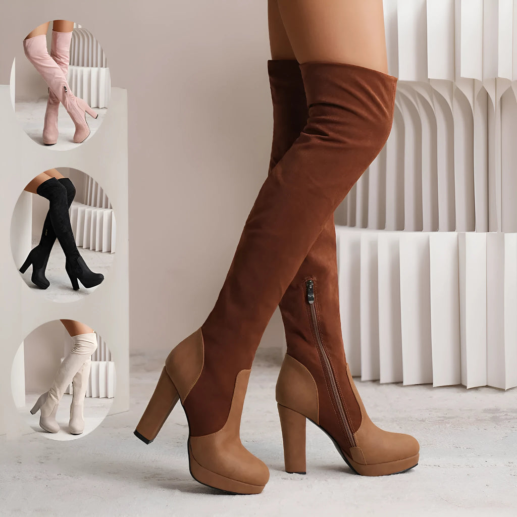 Women's over-the-knee suede boots with high square heel, round toe, black or pink, sheep shearling insole
