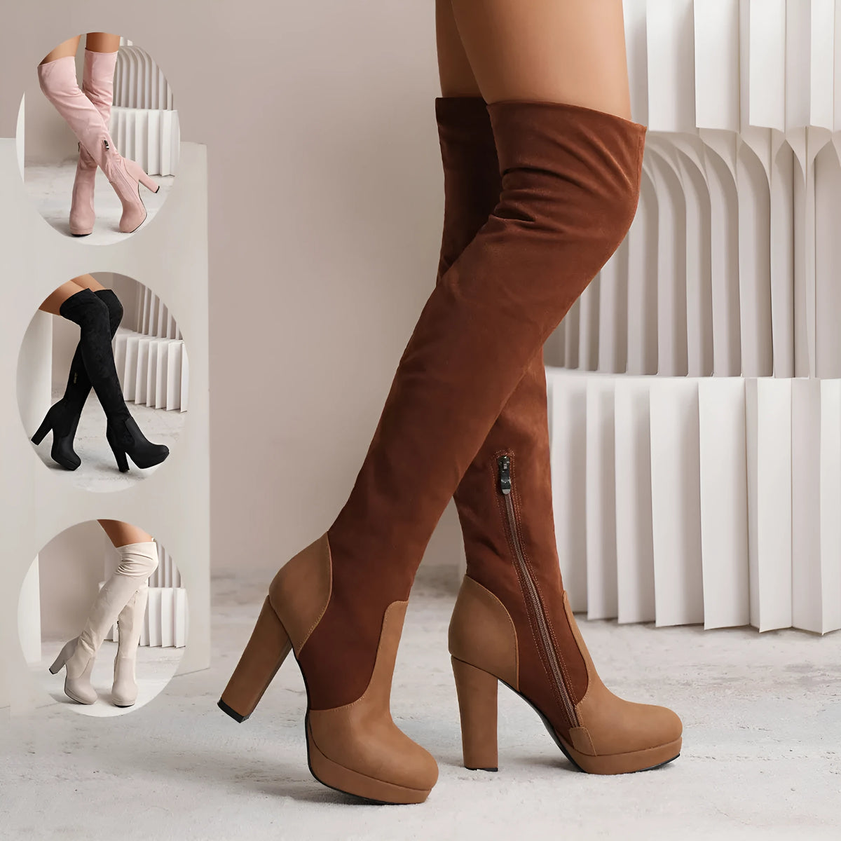 Women's over-the-knee suede boots with high square heel, round toe, black or pink, sheep shearling insole