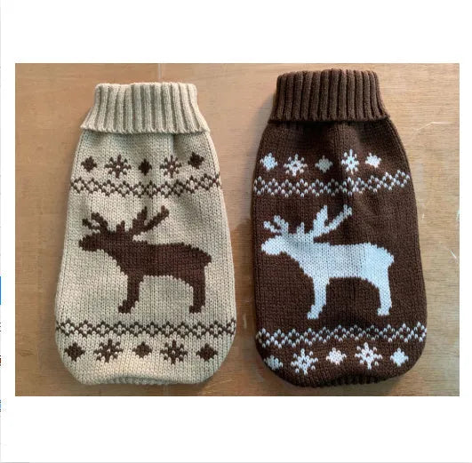 Warm acrylic dog sweater in coffee deer pattern, autumn winter pet clothes, sizes No 6 to No 16