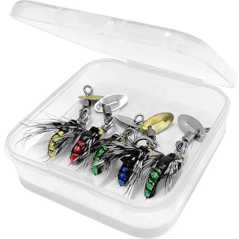 5 bionic mosquito and fly fishing hooks with spinning sequins in multicolour patterns