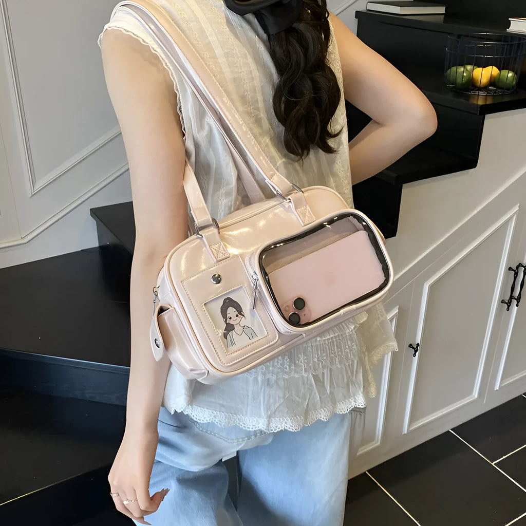 Large capacity transparent cartoon crossbody backpack in white with sewing thread details