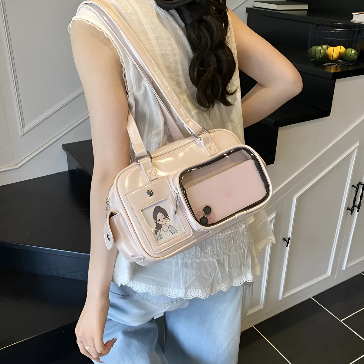 Large capacity transparent cartoon crossbody backpack in white with sewing thread details