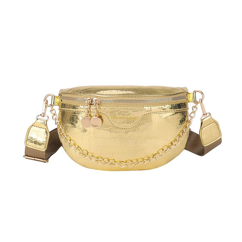 Shiny chest bag with WesternWide shoulder strap, chain detail, and hard PU shell in black colour