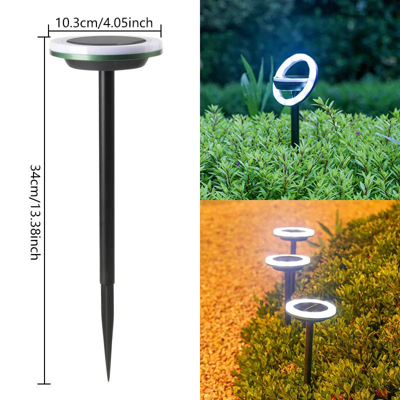 Solar-powered rotating lawn light with 12 LEDs in garden setting