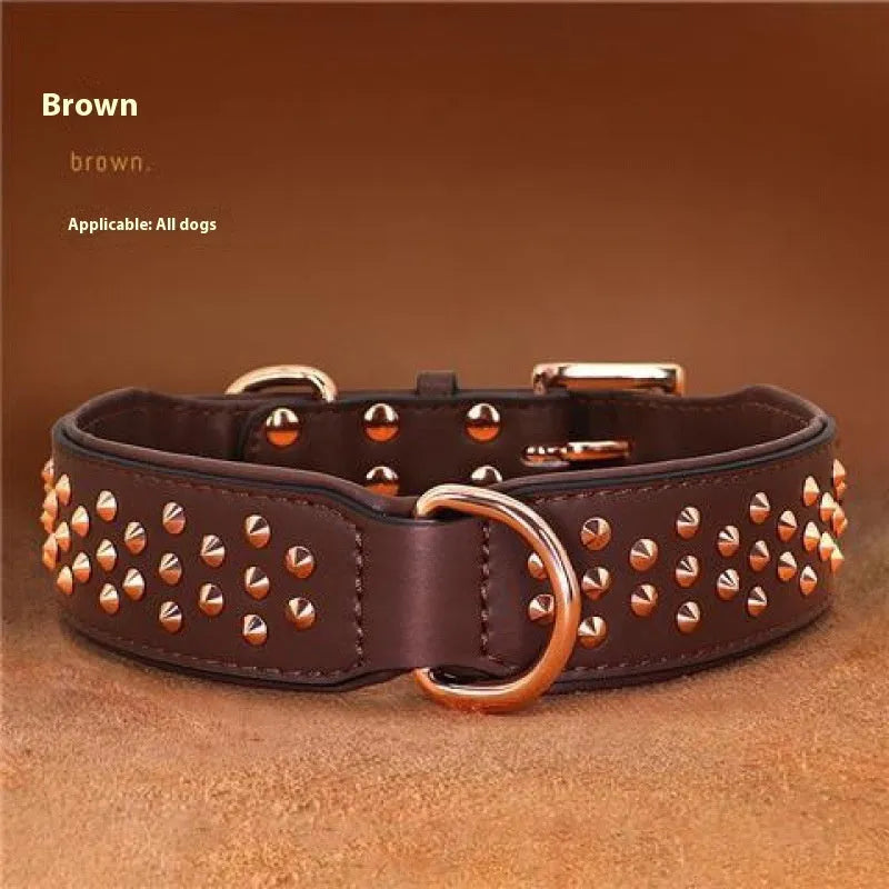 Leather dog collar with metal rivets in black, chocolate brown, or pink colour