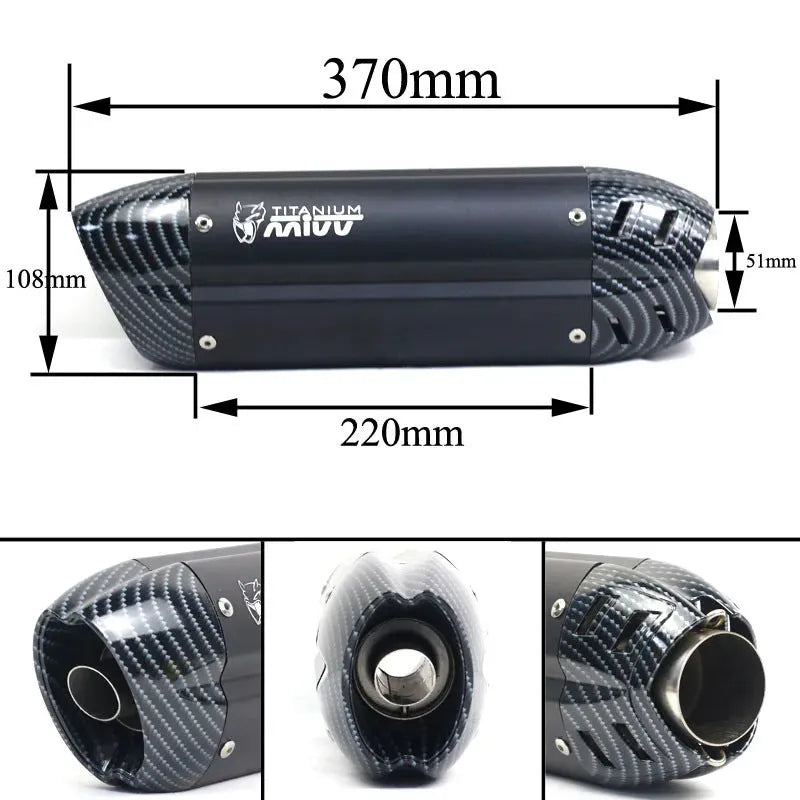 Stainless steel motorcycle exhaust modification kit showing 51mm interface and hexagonal muffler design