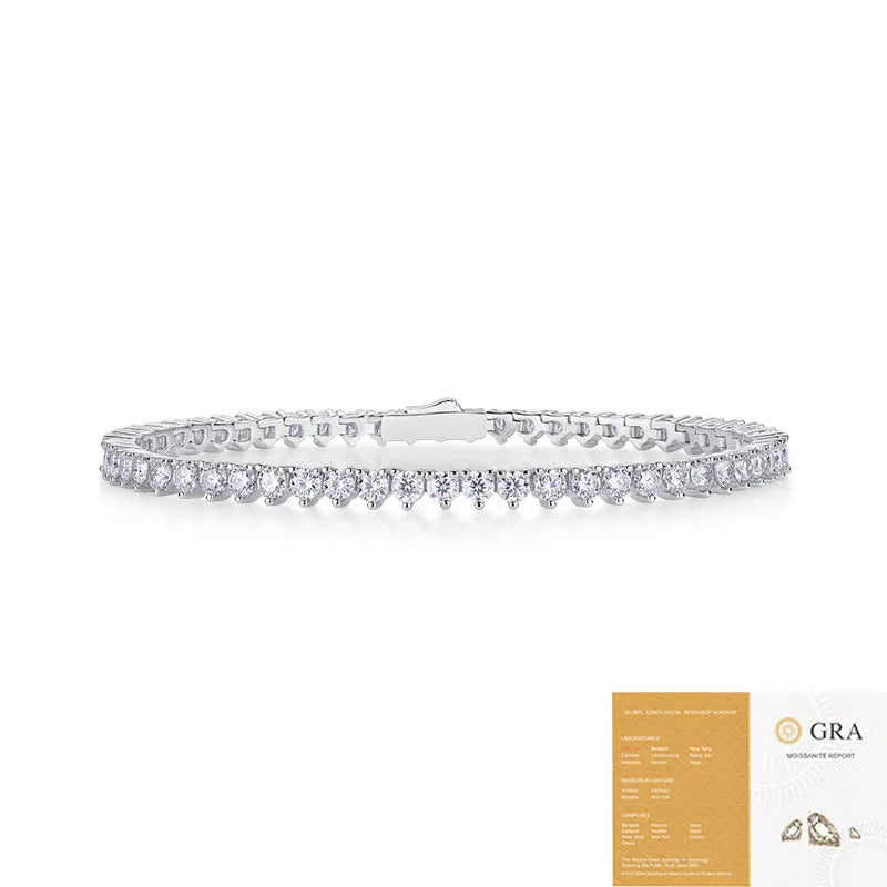 Silver platinum-plated moissanite bracelet with round-cut stones on a white background