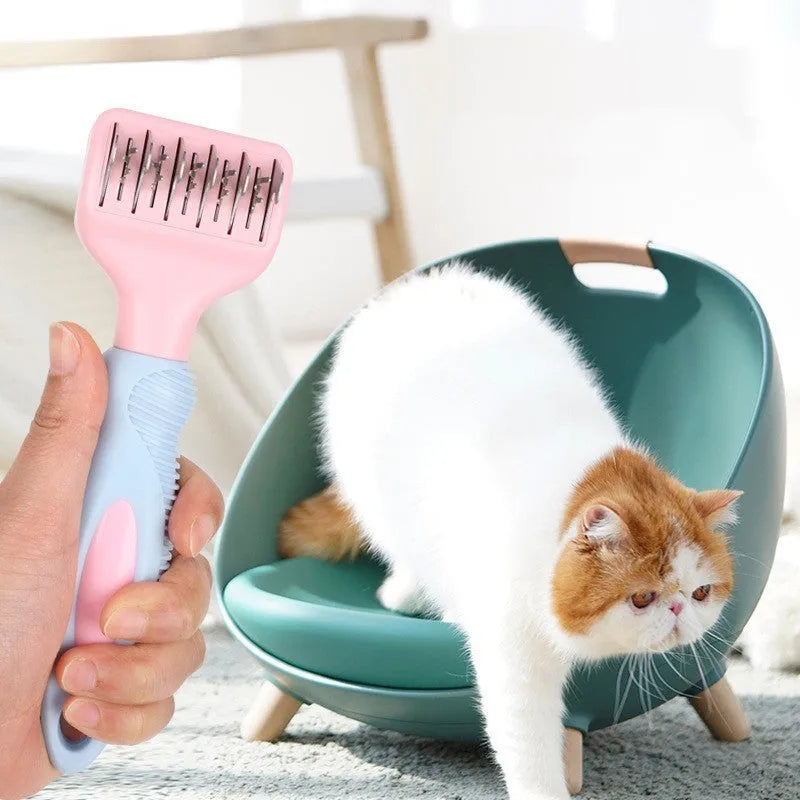 Stainless steel pet grooming comb with knot knife and massage brush in pink colour