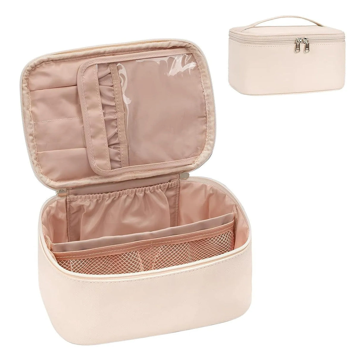 Large capacity black cosmetic bag with cotton outer and nylon lining, ultra light portable handbag for makeup and toiletries