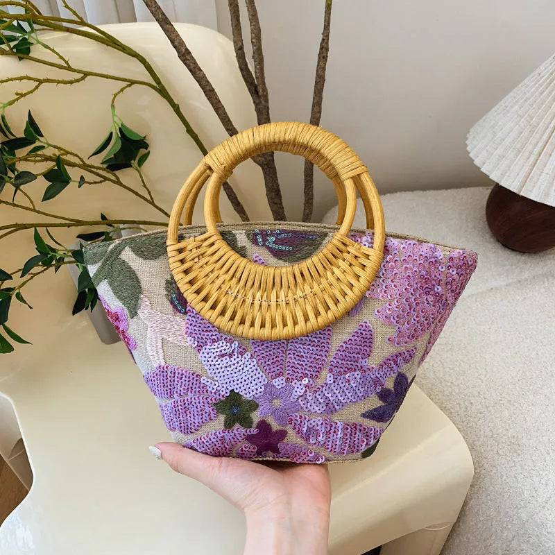 Cotton and linen cylindrical bag with sequin and bamboo joint embroidery, medium soft, light purple colour, three-dimensional pocket