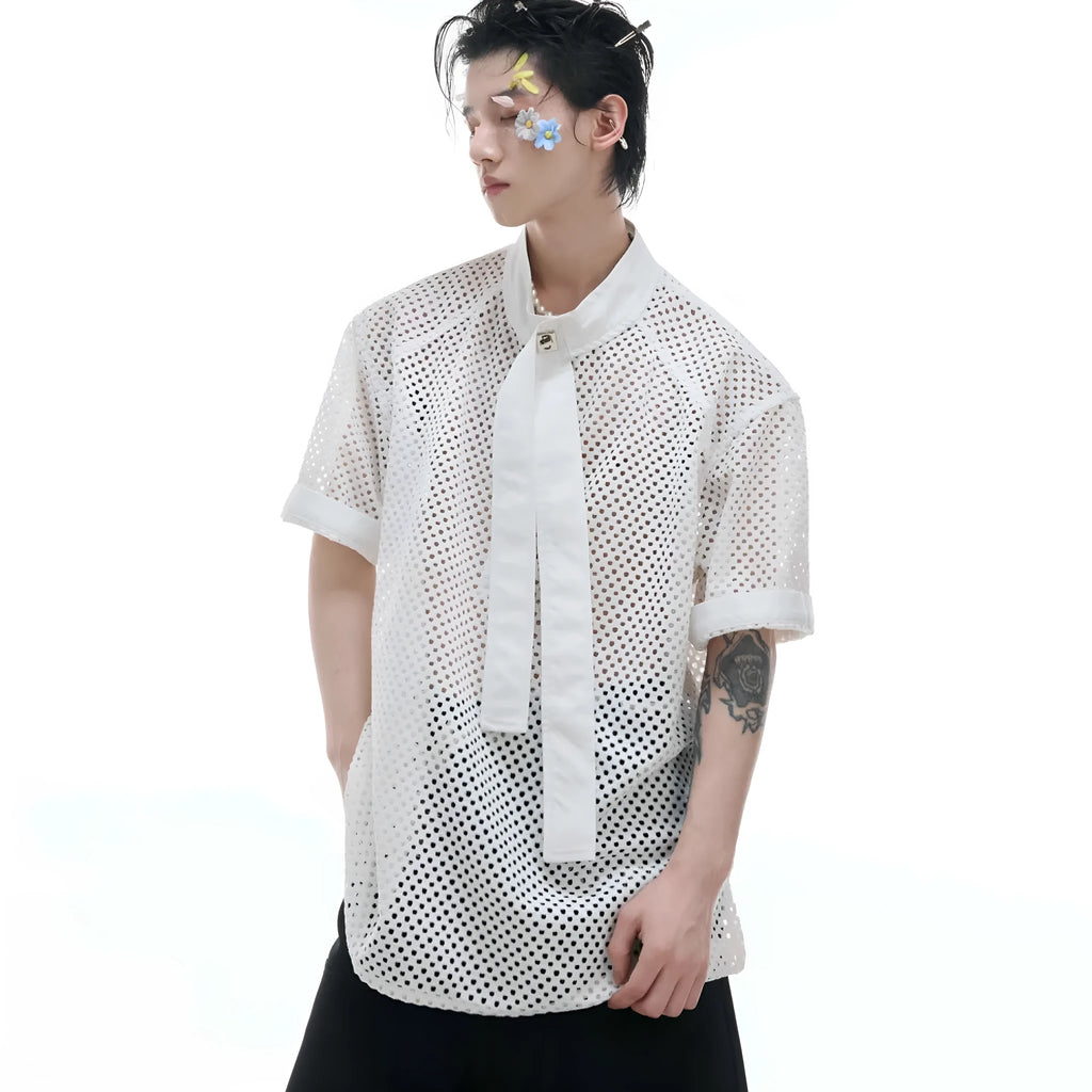 Men's short sleeve T-shirt with tie stitching and metal tassel, loose fit, available in black, white, and blue.