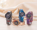 Women's waterproof quartz watch with 33mm dial, stainless steel Milan belt or steel band, single folding buckle, available in rose gold, purple, blue or black.