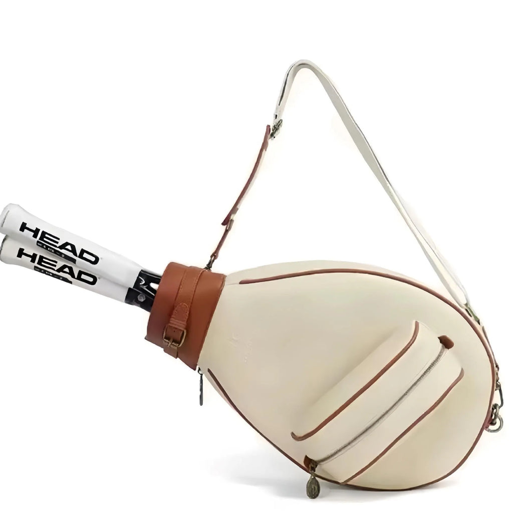Leather one-shoulder retro badminton bag for women shown in dark brown colour.