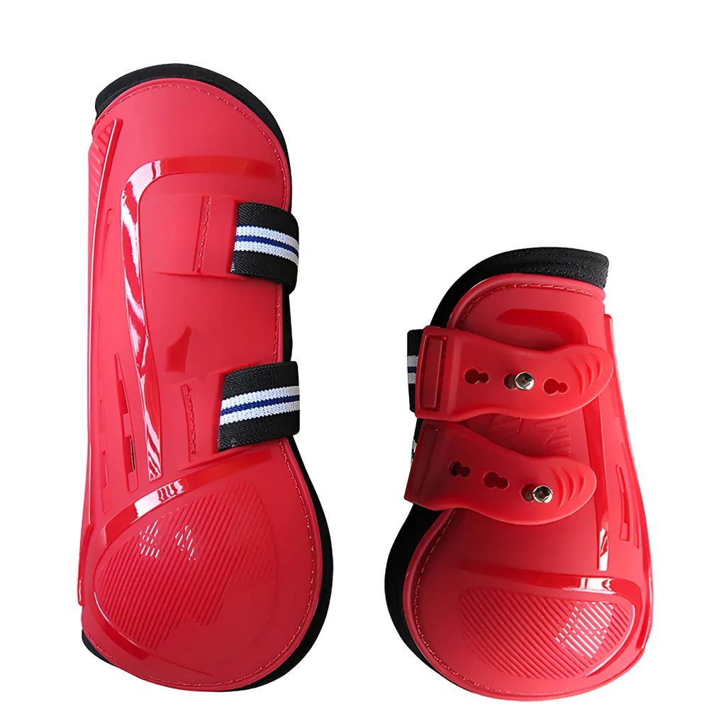 Horse leg guards with PU hard shell, elastic neoprene fit, and ventilation air holes in multiple colour options