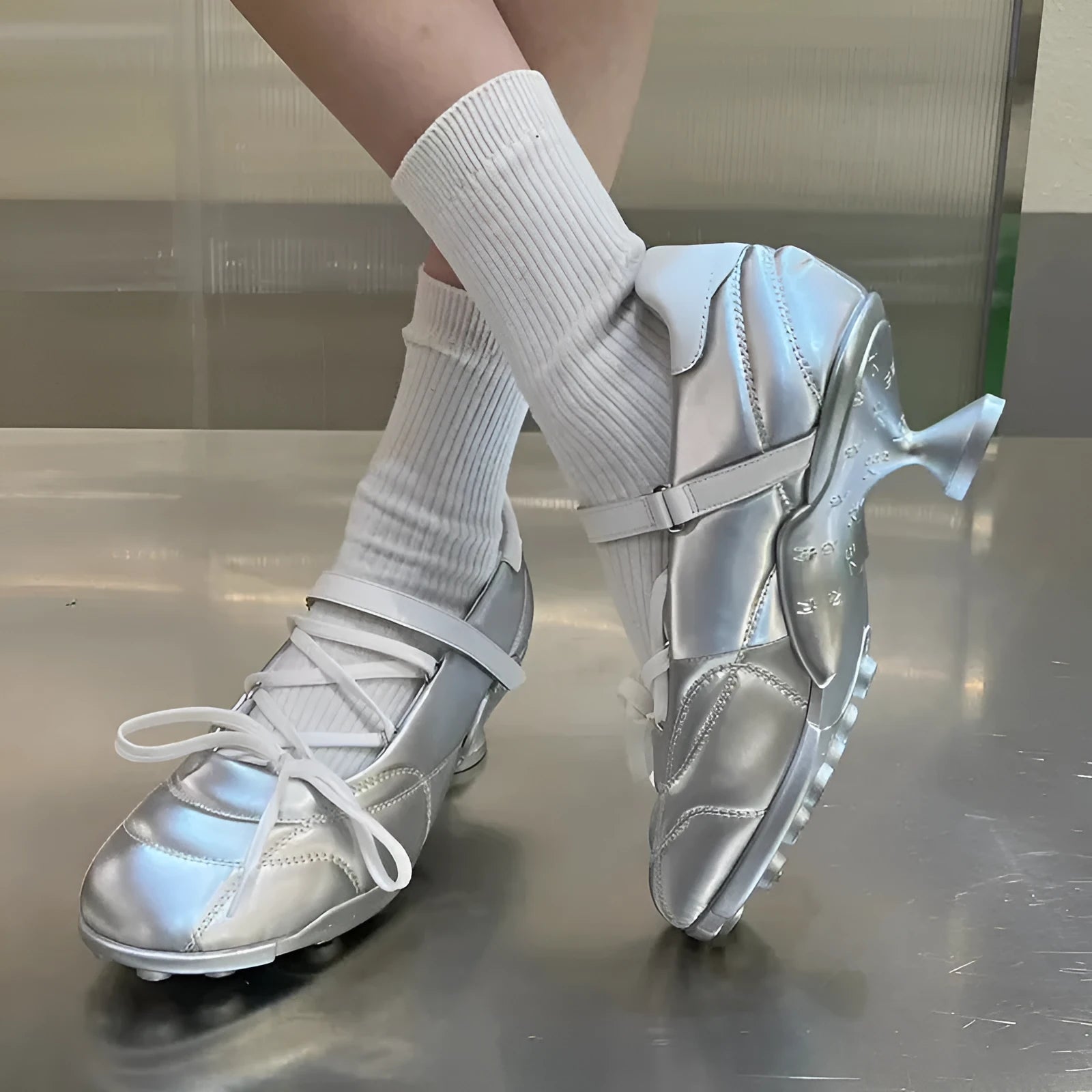 Women's silver lace-up sports shoes with bow detail and 3-5 cm mid-heel on microfiber upper