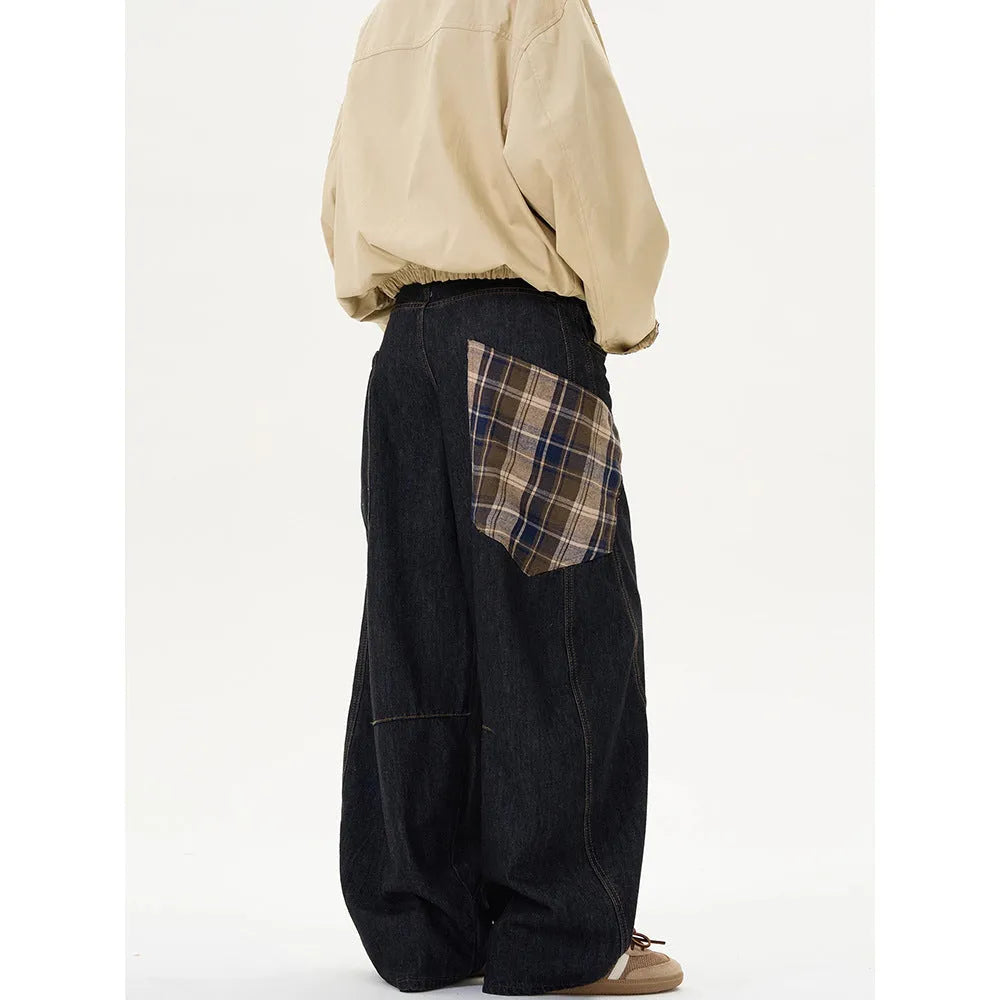 Women's loose retro straight-leg casual trousers in a red plaid pattern, made from cotton.