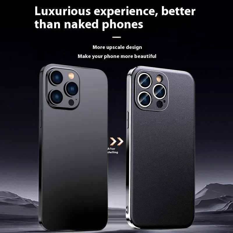 Genuine leather plating shell phone case with anti-fall protection for iPhone, plain Napa texture black