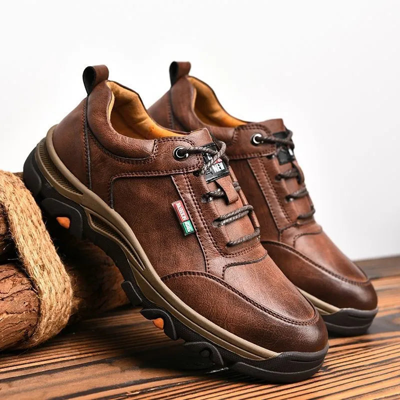 Men's British style round toe leather shoes in black or brown with rubber sole, leather stitching, and front lace-up