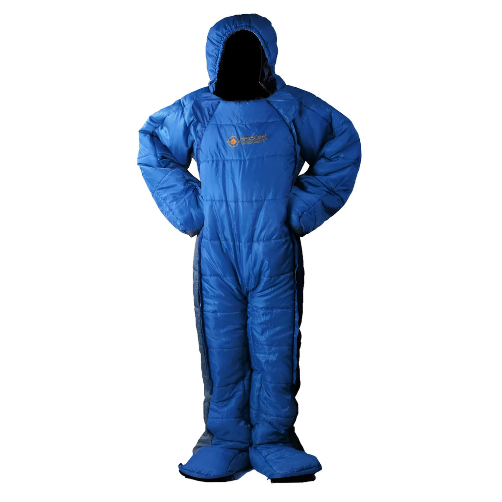 Blue gray patchwork humanoid sleeping bag on grass, legs separated for walking, mummy hood zipped with fill visible.