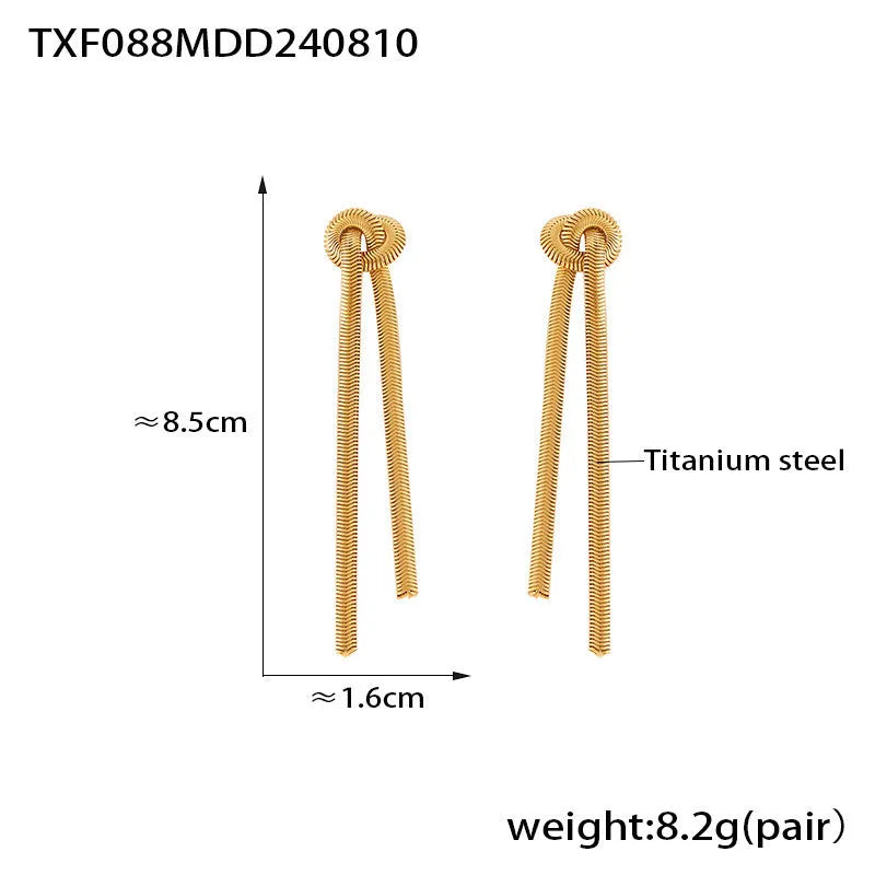 Gold knotted tassel snake chain long necklace with matching electroplated earrings on titanium steel