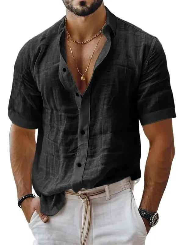 Men's short sleeve lapel shirt in light green, shown in a cardigan style with a casual fit.