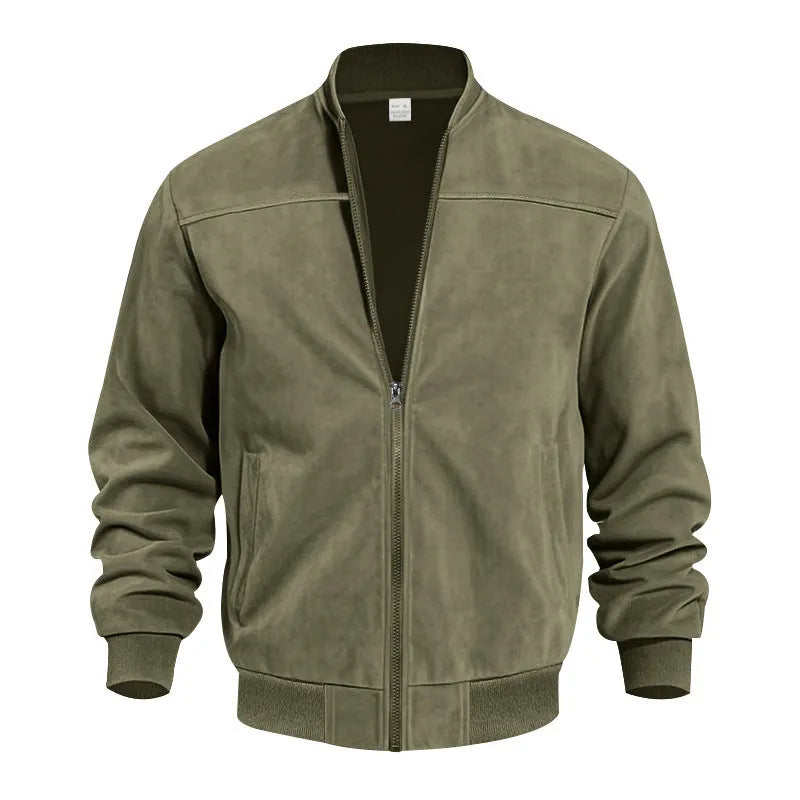 Men's plus size casual suede jacket with a zip and regular sleeves in Army Green colour.