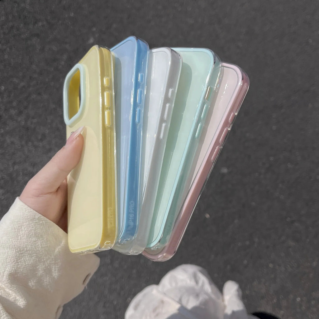 Clear jelly all-inclusive iPhone case in blue, white, yellow, pink and green colours for drop protection