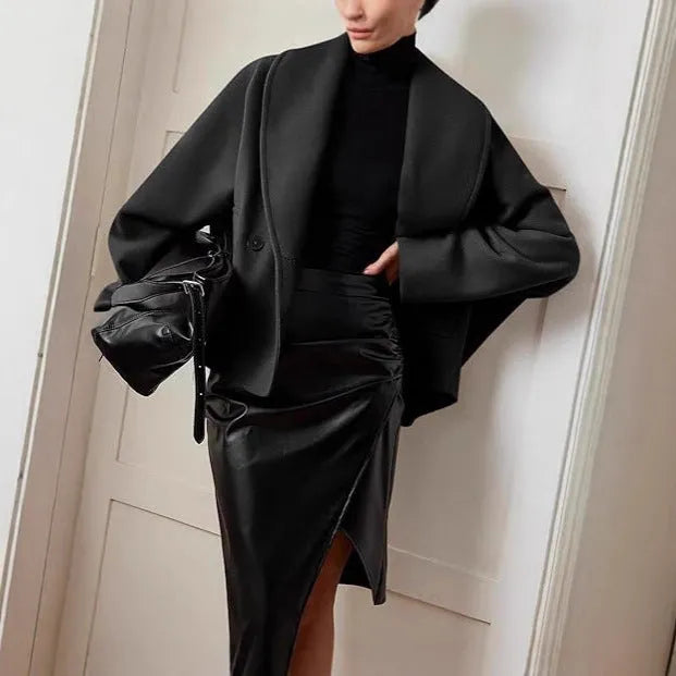 Double-breasted stand collar batwing sleeve solid colour polyester coat for petite, apricot, front view
