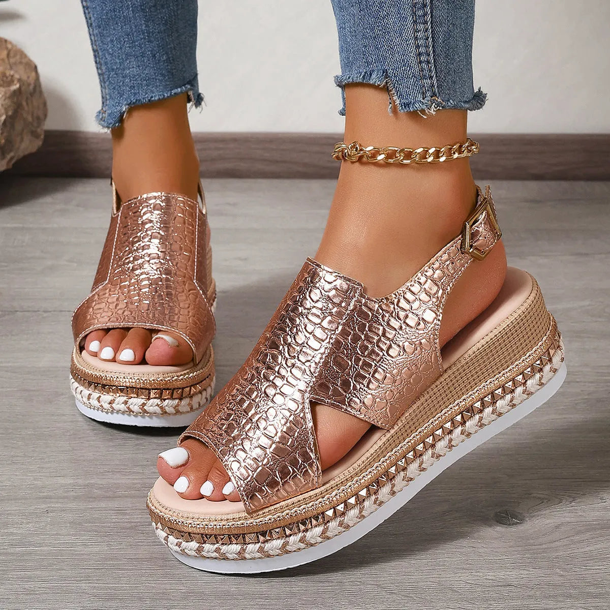 Gold women's Roman sandals with round toe, openwork design and ankle buckle strap