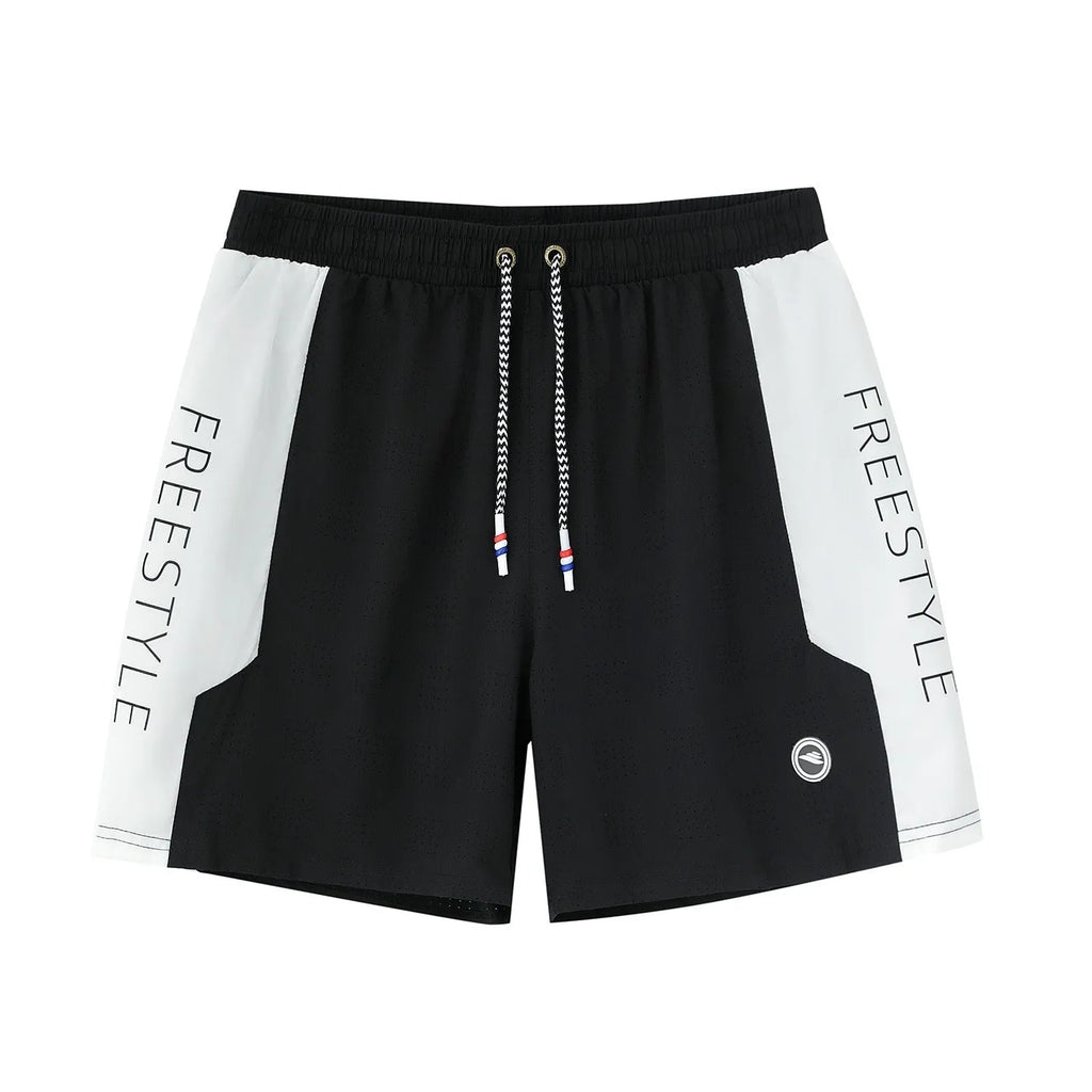 Men's loose five-point beach pants in black polyester with nylon lining, quick-dry for swimming and wading
