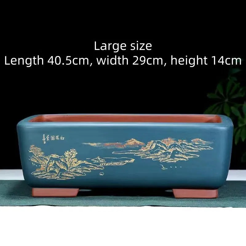 Handmade deep blue black rectangular purple clay flower pot for banyan tree or luohansong.