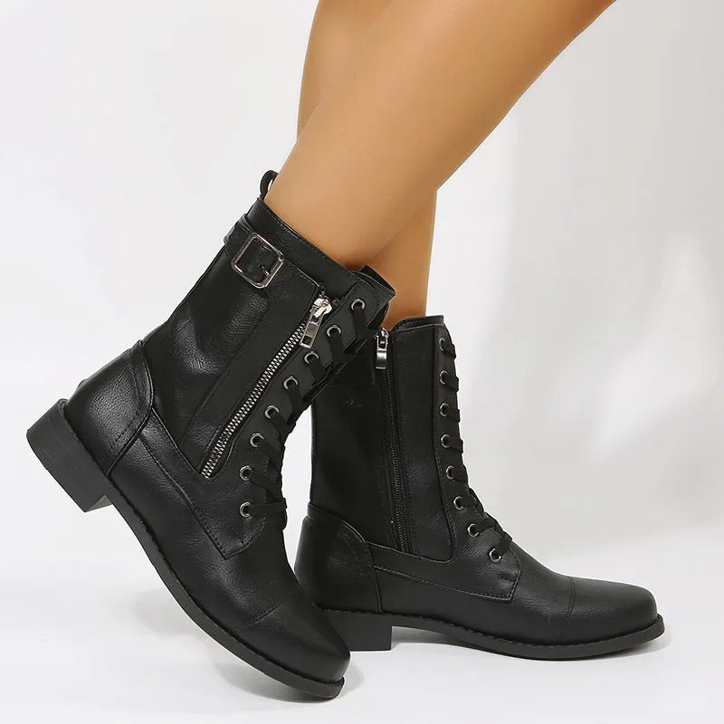 Women's Lace-up Western Boots Cowboy Boots with Side Zipper Martin Boots in Black Brown Grey Rubber Sole Low Heel Breathable Round Toe Thick Heel