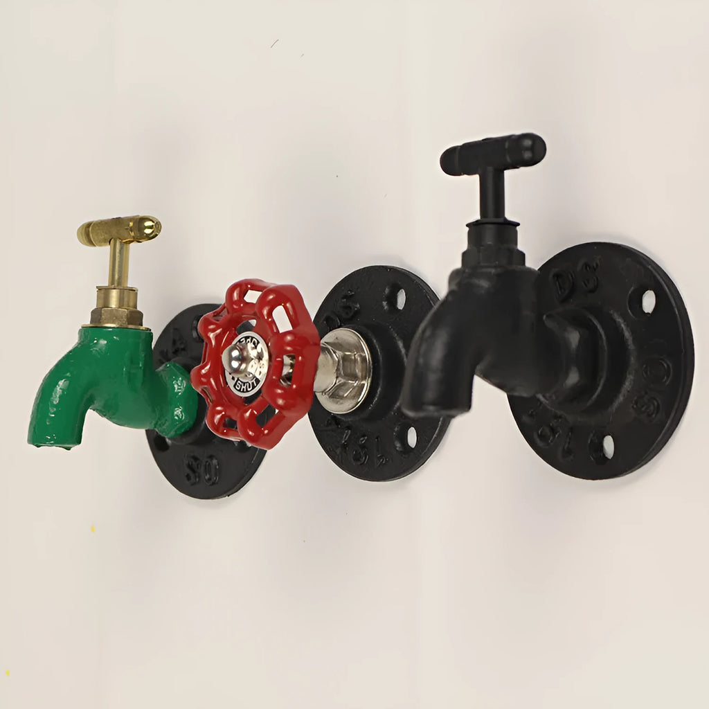 Metal water pipe style wall hook for towels in black, green, or red with a polished finish