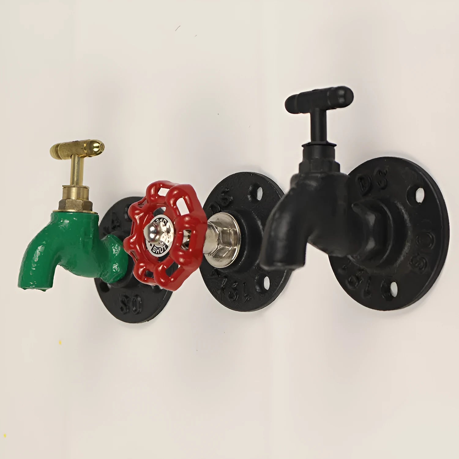 Metal water pipe style wall hook for towels in black, green, or red with a polished finish