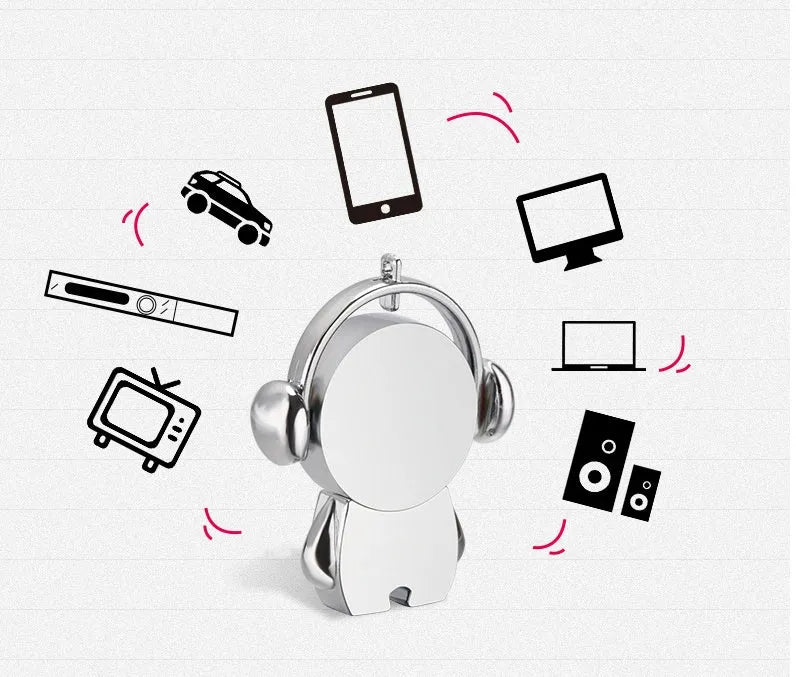 Silver and rose gold metal USB flash drives with a cartoon musician graphic, showing front and side views.