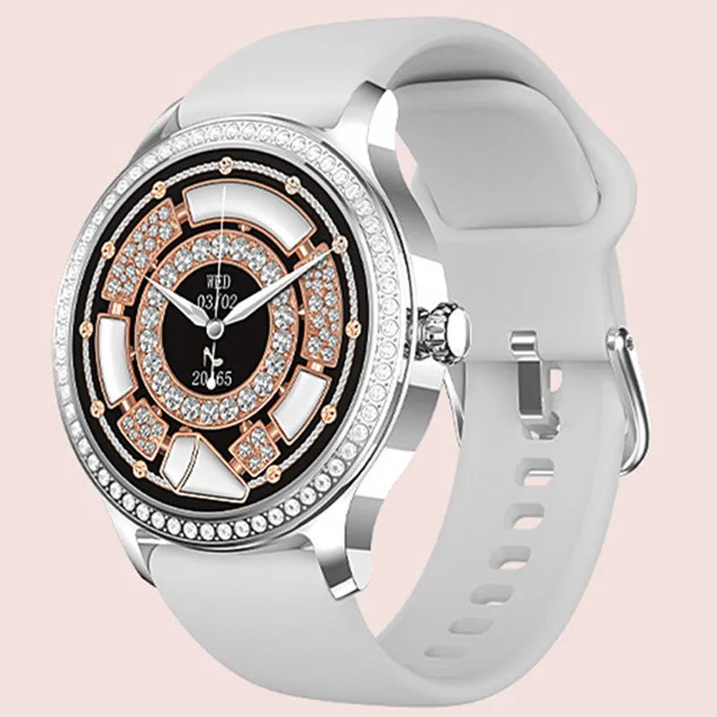 Women's smart watch with Bluetooth calling and health monitoring on Milan steel strap