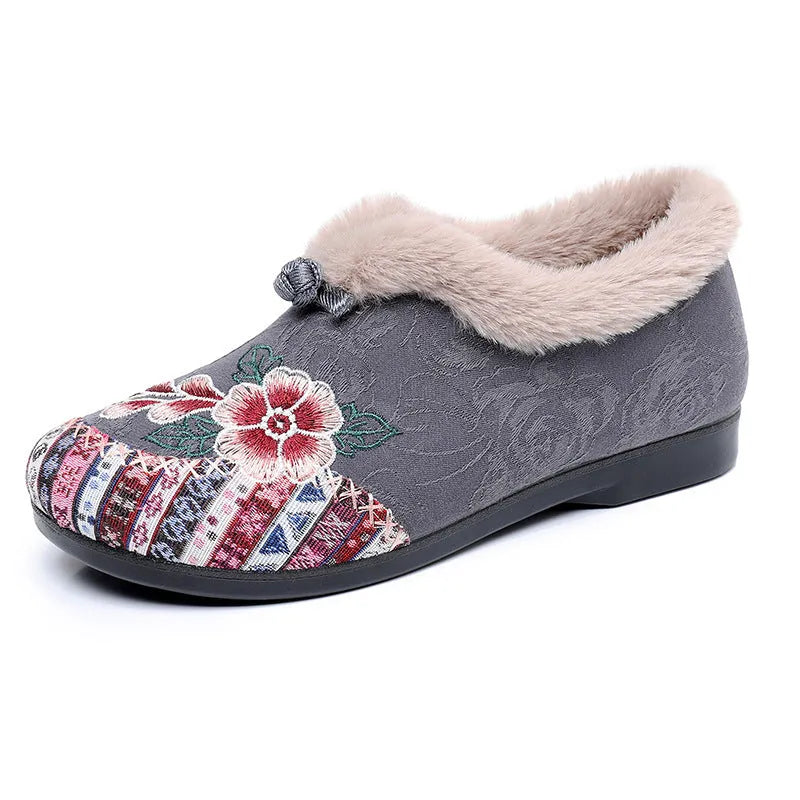 Flat bottom embroidery cotton shoes for women with floral pattern, round toe, PVC sole, available in multiple colours and sizes.