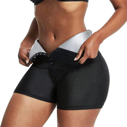 Slimming waist trainer shapewear leggings in silver and blue colors, featuring neoprene fabric and compression design for a sculpted look.